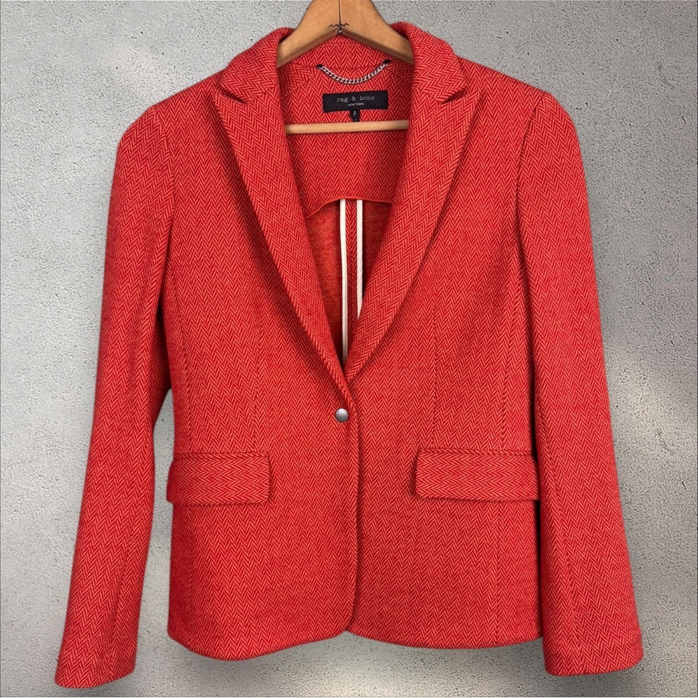 Rag & Bone Orange Lexington Herringbone Blazer Wool Blend Sz 2 Kym Whitley